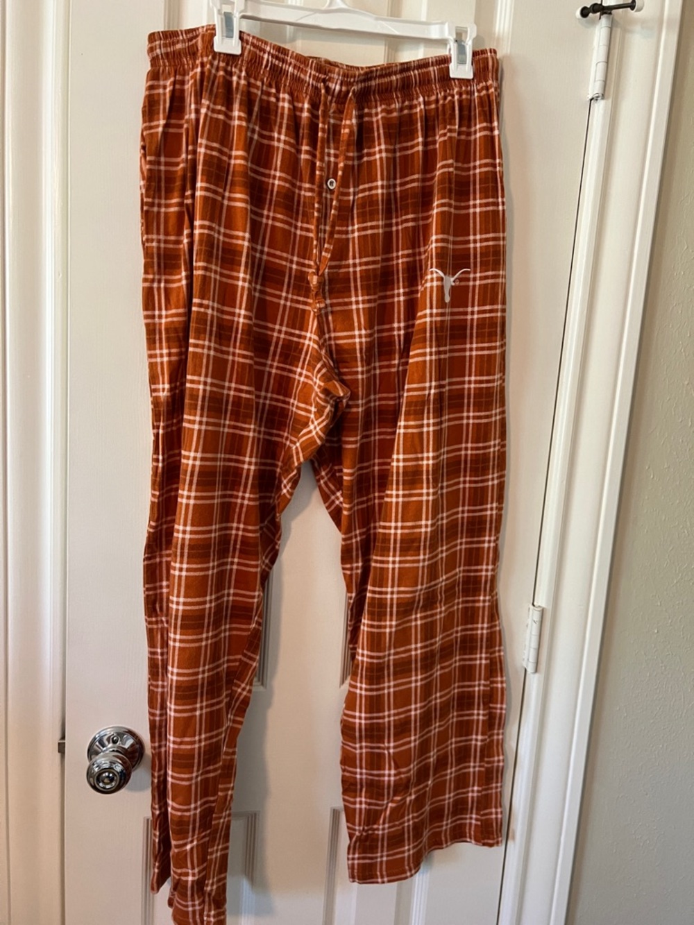 Embroidered Longhorn Plaid Pants in Burnt Orange & White